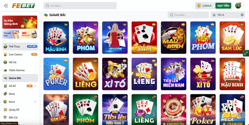 FEBET có đa dạng các loại game bài