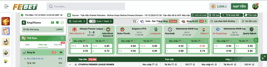 Cập nhật kèo liên tục trên sảnh K Sports Febet