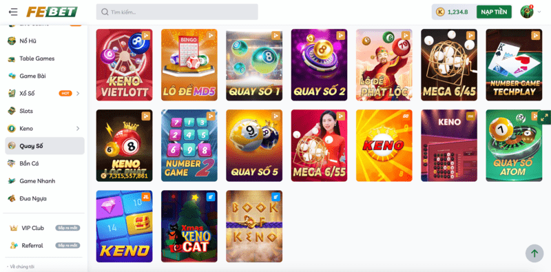 Nhà Cái FEBET có đa dạng game quay số