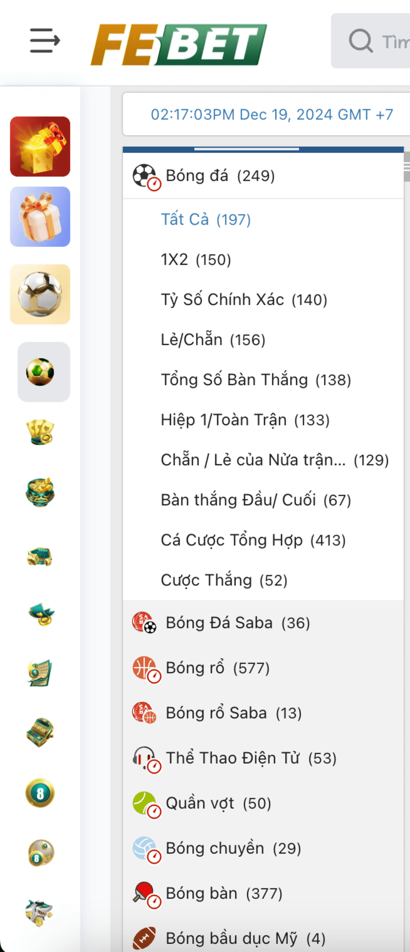 Sảnh IBC Sports Febet có đa dạng các loại thể thao trên thế giới