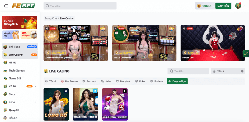Sảnh Live Stream Rồng Hổ Febet